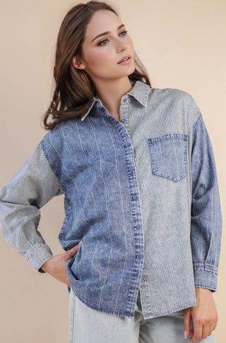 Very J Mineral Washed Colorblock Striped Shirt Indigo