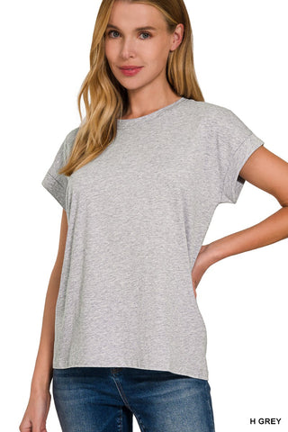Zenana Cotton Folded Sleeve T-Shirt Heather Grey