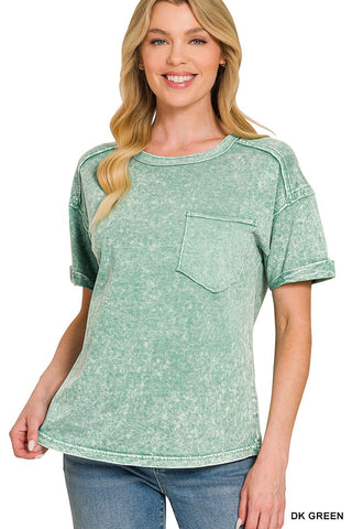 Zenana Halo Snow Washed Relaxed Fit Tee Dark Green