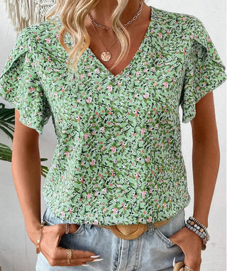 Lovesoft Green Boho Floral V-Neck Short Sleeve Top Green