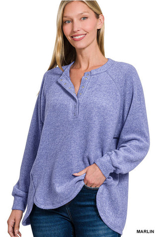 Zenana Brushed Hacci Oversized 7-Button Henley Sweater Marlin
