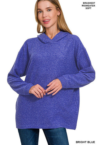 Zenana Hooded Brushed Melange Hacci Sweater Bright Blue