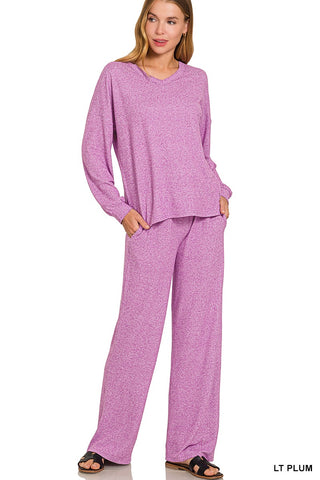 Zenana Soft Melange V Neck Long Sleeve & Pant Set Lt Plum