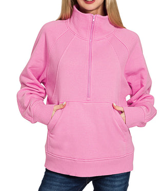 Zenana Half Zip Fleece Pullover W/ Kangaroo Pocket Candy Pink
