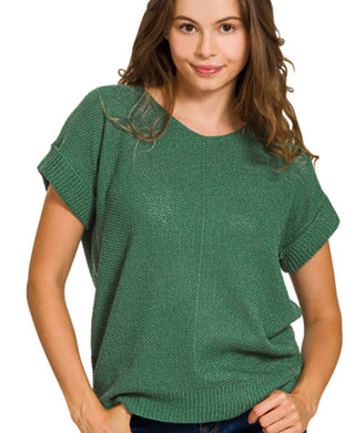 Zenana Center Seam Short Sleeve Sweater Dark Green