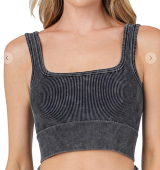 Zenana Ribbed Square Neck Cropped Tank Top Ash Black