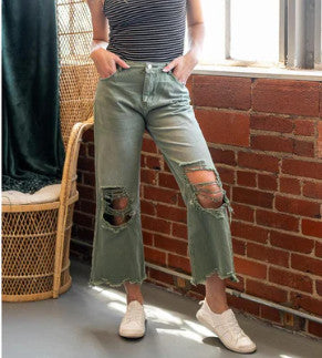 Bibi Distressed Vintage Wide Leg Pants Ash Green