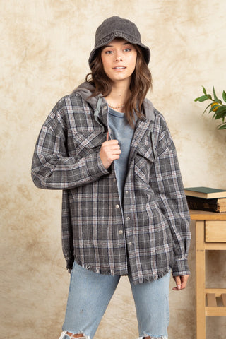 New In Frayed Hem Hooded Oversized Plaid Jacket Charcoal