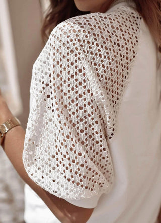 Lovesoft Pointelle Lace Half Sleeve Crewneck Top White