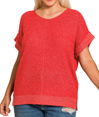 Zenana Center Seam Short Sleeve Sweater Ruby
