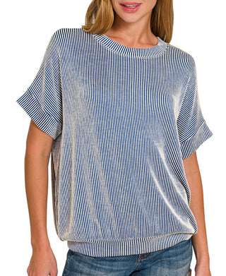 Zenana Corded Rib Short Sleeve Top Light Navy