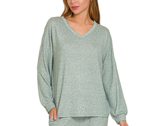 Zenana Soft Melange V Neck Long Sleeve Top Ash Jade Large
