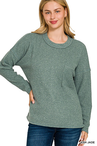 Zenana Ribbed Brushed Melange Hacci Sweater w Pocket Ash Jade