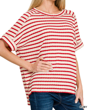 Zenana Striped Short Sleeve Hi-Low Tee Ruby