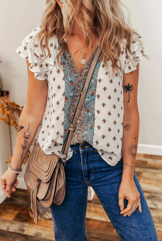 Lovesoft Boho Pattern Tiered Ruffel Sleeve V-Neck Top White