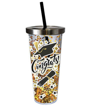 Congrats Graduation Glitter Cup w/Straw