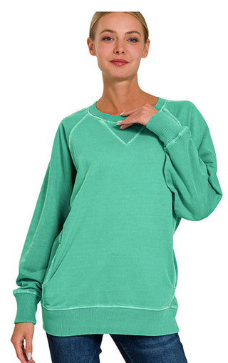 Zenana Pigment Dyed French Terry Pullover with Pockets Forest