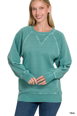 Zenana Pigment Dyed French Terry Pullover with Pockets Teal