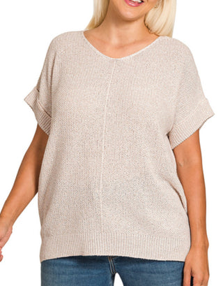 Zenana Center Seam Short Sleeve Sweater Heather Mocha