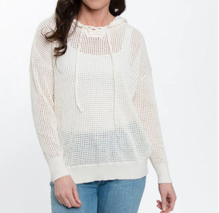 Elsie & Zoey Open Knit Lace Up Hooded Pullover Ivory
