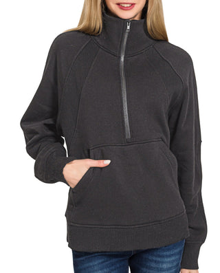 Zenana Half Zip Fleece Pullover W/ Kangaroo Pocket Black