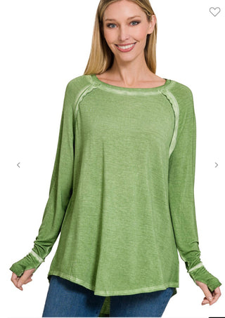 Zenana Washed Scoop Neck Long Sleeve with Thumb Hole Ash Olive