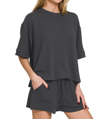 Zenana Raised Rib Short Sleeve Tee & Short Set Black 8588