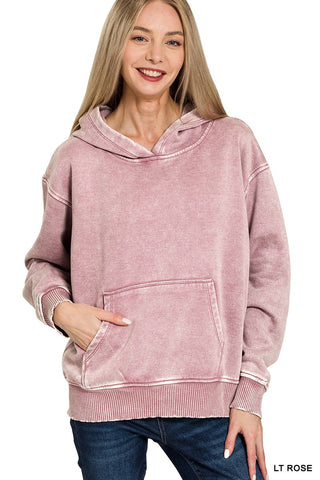 Zenana Fleece Acid Wash Kangaroo Pocket Hoodie Lt Rose