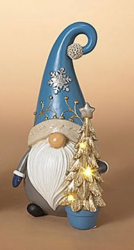 Lighted Gnome w/Blue Hat & Tree