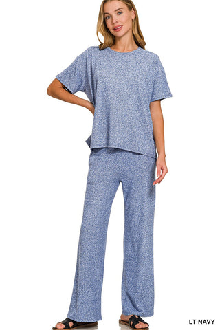 Zenana Soft Melange Short Sleeve/Pant Set Light Navy
