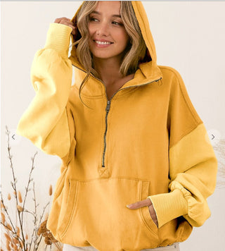 Bibi Color Block Elastic Hem Fleece Hoodie Apricot Multi