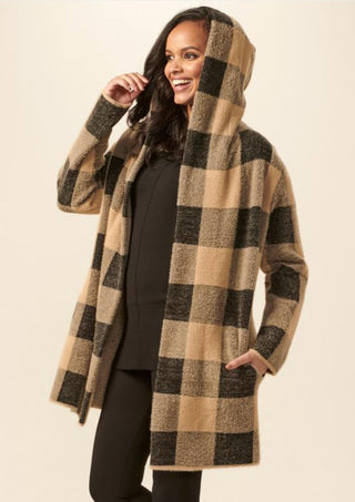 Charlie Paige Eyelash Yarn Plaid Open-Front Hoodie Coatigan 407065