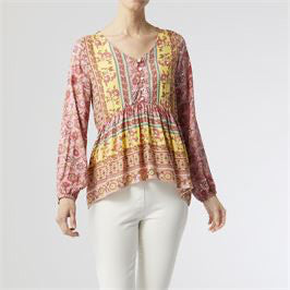 Coco+Carmen Palmer V-Neck Peplum Blouse Coral/Yellow Floral