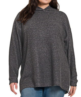 Zenana Hooded Brushed Melange Hacci Sweater Black