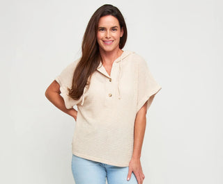Elsie & Zoey Carlie Waffle Knit Short Sleeve Hoodie Sandstone