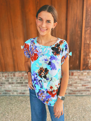 Sew in Love Short Sleeve Top Floral Aqua Purple