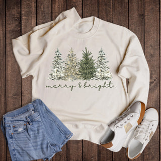 Rebel Rose Christmas Trees Merry & Bright Crewneck Cream