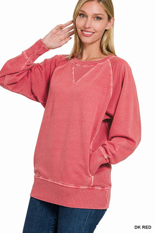 Zenana Pigment Dyed French Terry Pullover with Pockets Dark Red