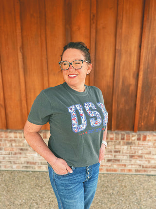 Sweet Southern Floral USA Graphic Tee Charcoal