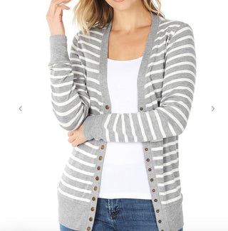 Zenana Striped Snap Button Cardigan Heather Grey/Ivory