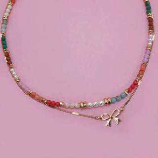 Josslyn Gold Multi Beaded Bow Charm Double Layer Necklace