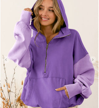 Bibi Color Block Elastic Hem Fleece Hoodie Periwinkle Multi