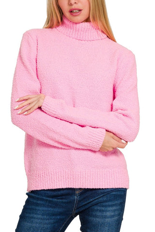 Zenana Turtle-Neck Long Sleeve Sweater Candy Pink