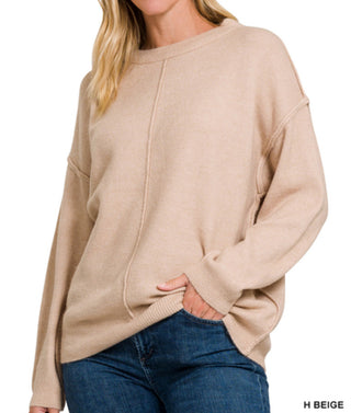 Zenana Melange Front Seam Round Neck Sweater Heather Beige