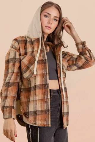 Very J Oversized Flannel Hooded Button Down Jacket Caramel