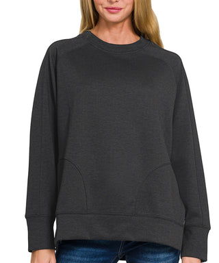 Zenana Scuba Round Neck Pullover Side Slits Black