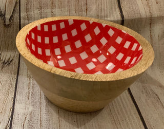 Gingham Red Enameled Wood Bowl