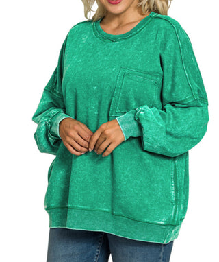 Zenana Acid Wash Raw Edge Front Pocket Pullover Forest