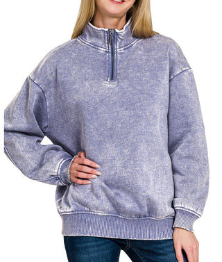 Zenana Acid Wash Fleece Half Zip Pullover Marlin