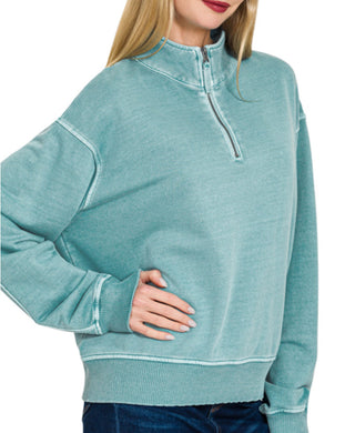 Zenana Pigment Dyed Enzyme Washed Half Zip Pullover Blue Grey